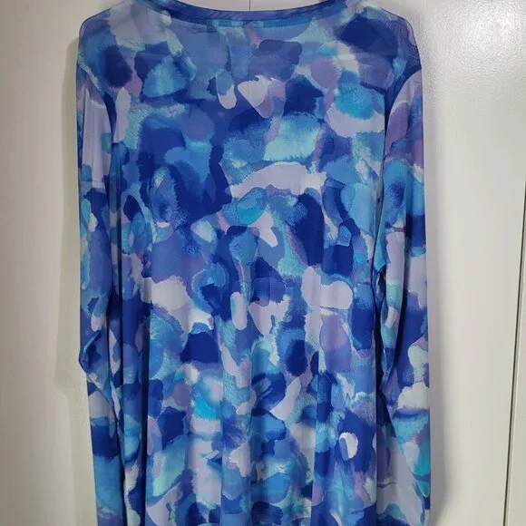 LOGO Lori Goldstein Womens 2XL Abstract Mesh Sheer Button Up Blouse Blue Purple - Picture 2 of 7